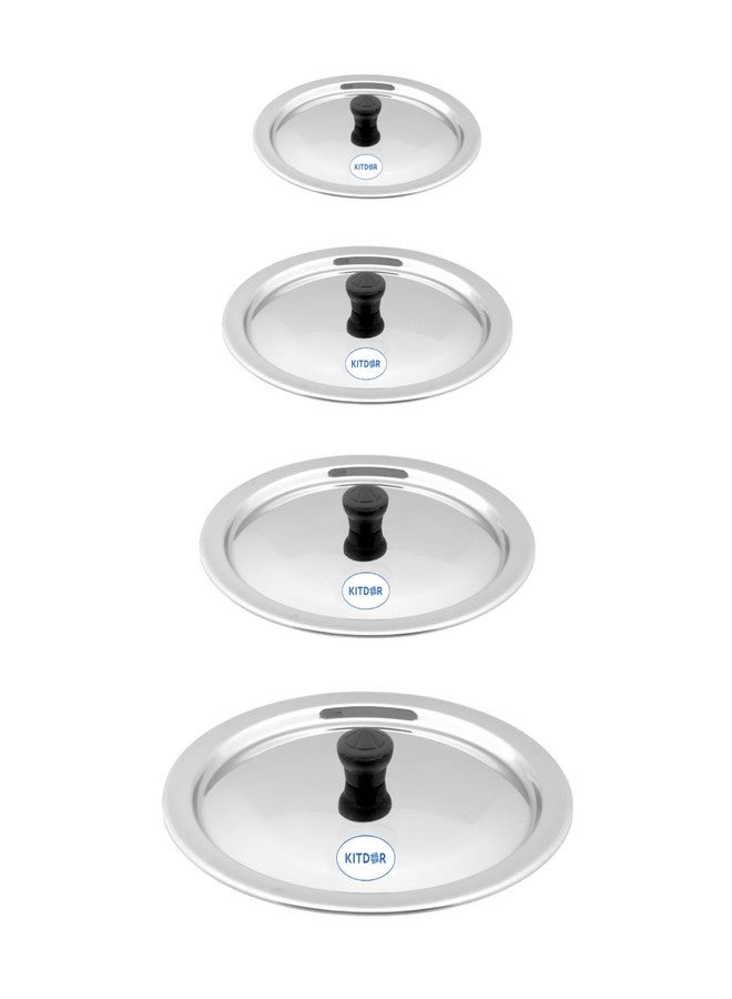 Kitdor Glossy Steel Lids for Utensils with Knobs | Melt-Free with a Good Gripsteel Lid for Kadai and Other Utensils | Round, Rust Resistant Steel (4 Pcs Set, Medium) - Image 1